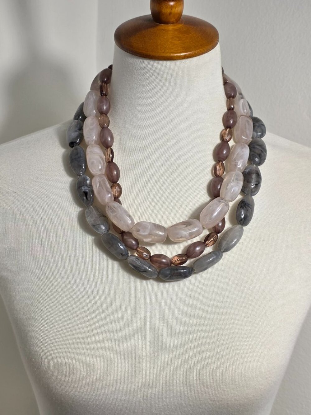 Triple Strand Chunky Statement Necklace Mauve, Cream & Gray Polished Resin Beads